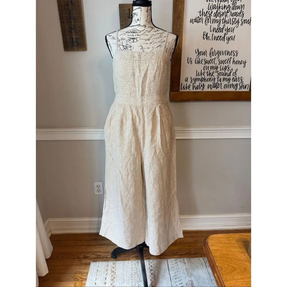 J. Crew Women's Striped Beauchamps Linen Spaghetti Strap Jumpsuit Tan Size 4